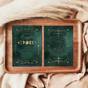 Emerald Green Gold Celestial Wedding Reception Einladung