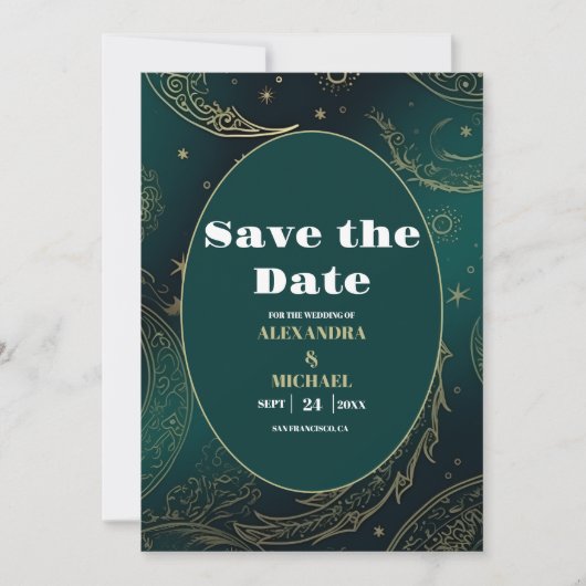 Emerald Green Gold Celestial Wedding Save The Date (Vorderseite)