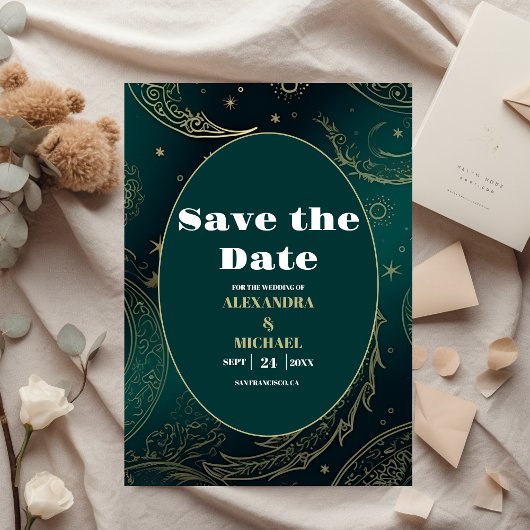 Emerald Green Gold Celestial Wedding Save The Date
