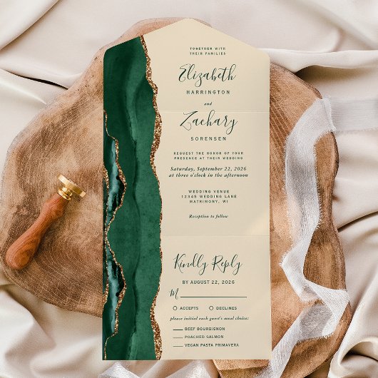 Emerald Green Gold Champagne Meal Options Wedding All In One Einladung