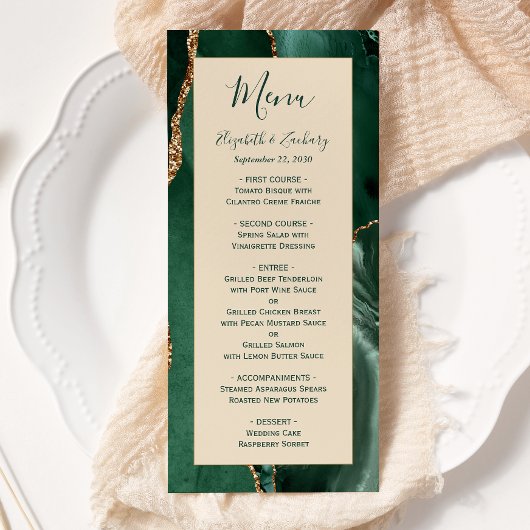Emerald Green Gold Champagne Wedding Menu Menükarte