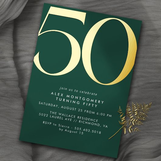 Emerald Green + Gold | Cool Modern 50th Birthday Folieneinladung