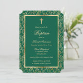 Emerald Green Gold Cross Script Grüne Taufe Einladung (Stehend Vorderseite)