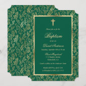 Emerald Green Gold Cross Script Grüne Taufe Einladung (Vorne/Hinten)