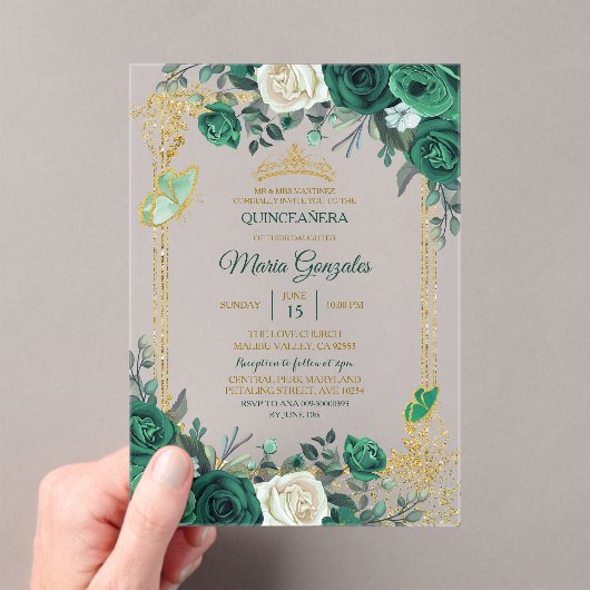 Emerald Green Gold Crown Quinceañera Butterfly Acryleinladungen (Insitu (Handheld))
