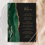 Emerald Green Gold Dark Wedding Menu Menükarte<br><div class="desc">Die links Kulisse dieses eleganten,  modernen Hochzeitsmenüs besticht durch einen smaragdgrünen Aquarellstreifen,  der mit vergoldetem Imitat-Glitzer bestickt ist. Der anpassbare Text vereint goldfarbene whimsical Handschriftzeichen mit Copperplate-Schriftart auf schwarzem Schiefer-Hintergrund. Die Rückseite ist mit einem smaragdgrünen und goldgelben Dekor ausgestattet.</div>