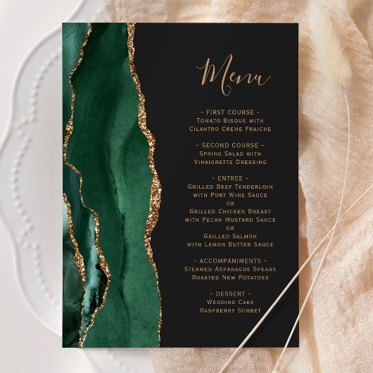 Emerald Green Gold Dark Wedding Menu Menükarte