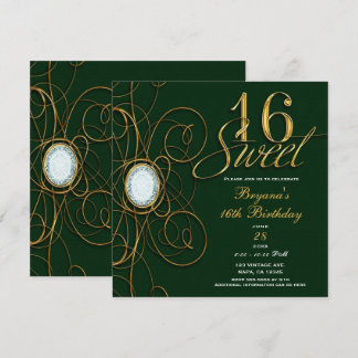 Emerald Green & Gold Diamond Sweet 16 Geburtstag Einladung