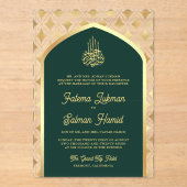 Emerald Green Gold Diamonds Arch Moslemhochzeit Acryleinladungen (Vorderseite)