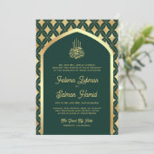 Emerald Green Gold Diamonds Arch Moslemhochzeit Einladung (Stehend Vorderseite)