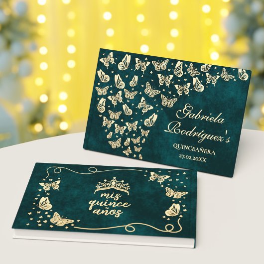 Emerald Green Gold Elegant Butterfly Quinceñera Gästebuch