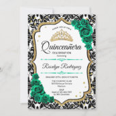 Emerald Green Gold Elegant Damask Quinceanera Einladung (Vorderseite)