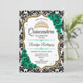Emerald Green Gold Elegant Damask Quinceanera Einladung (Stehend Vorderseite)