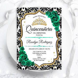 Emerald Green Gold Elegant Damask Quinceanera Einladung