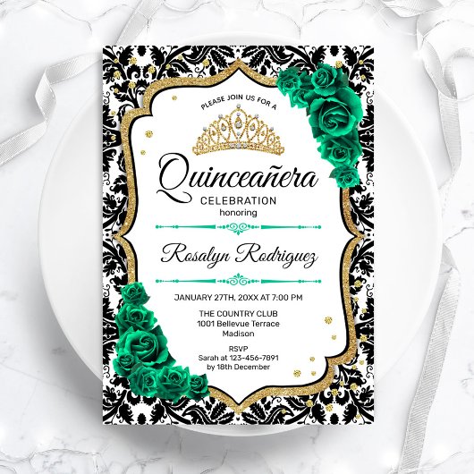 Emerald Green Gold Elegant Damask Quinceanera Einladung