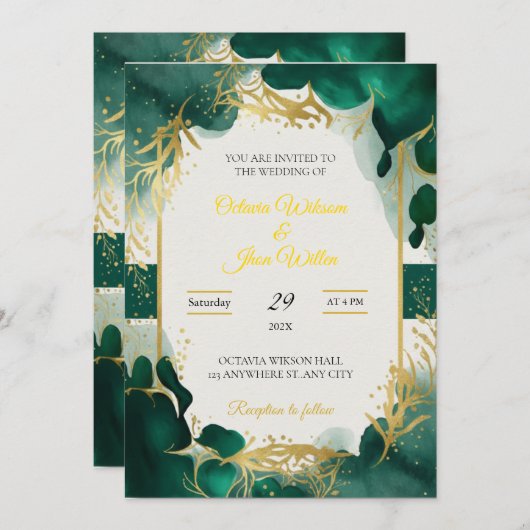 Emerald Green & Gold Elegant Wedding Invitation Einladung (Vorne/Hinten)