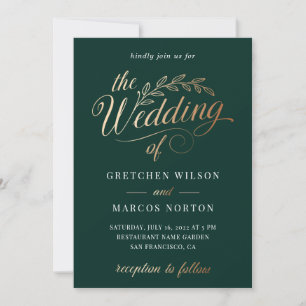 Emerald Green Gold Elegante Calligrafy Wedding  Einladung