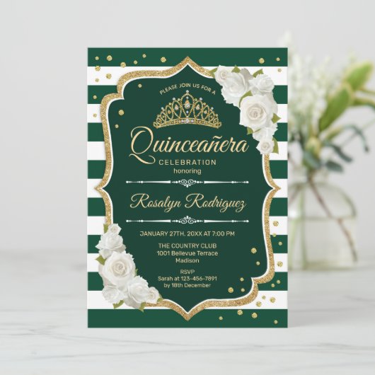 Emerald Green Gold Elegante Quinceanera Einladung (Stehend Vorderseite)