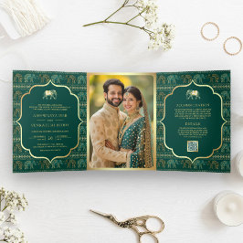 Emerald Green Gold Elephant Indian Foto Wedding Dreifach Gefaltete Einladung