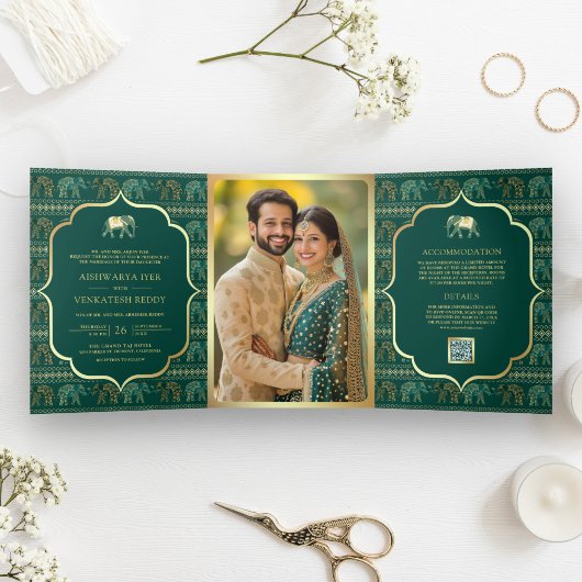 Emerald Green Gold Elephant Indian Foto Wedding Dreifach Gefaltete Einladung