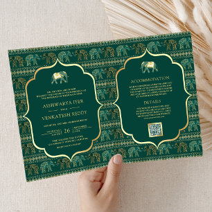 Emerald Green Gold Elephant Indian Wedding Einladung