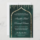 Emerald Green Gold Ethnic Indian Arch Wedding Einladung (Vorderseite)