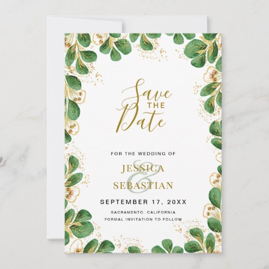 Emerald Green & Gold Eucalyptus Elegantes Foto Save The Date (Vorderseite)