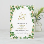 Emerald Green & Gold Eucalyptus Elegantes Foto Save The Date (Stehend Vorderseite)