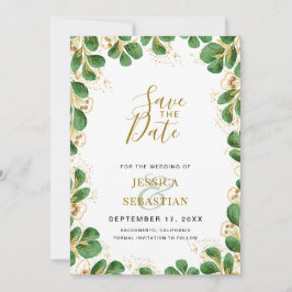 Emerald Green & Gold Eucalyptus Elegantes Foto Save The Date