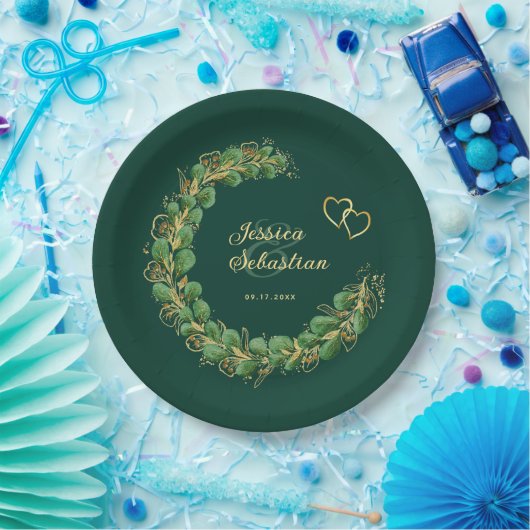 Emerald Green & Gold Eucalyptus Jewel Tone Wedding Pappteller (Party)