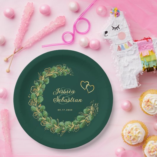 Emerald Green & Gold Eucalyptus Jewel Tone Wedding Pappteller (Party)