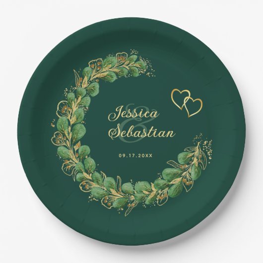 Emerald Green & Gold Eucalyptus Jewel Tone Wedding Pappteller (Vorderseite)