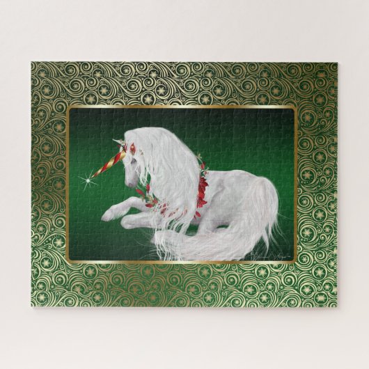 Emerald Green Gold Fantasy Holiday Unicorn Puzzle (Horizontal)