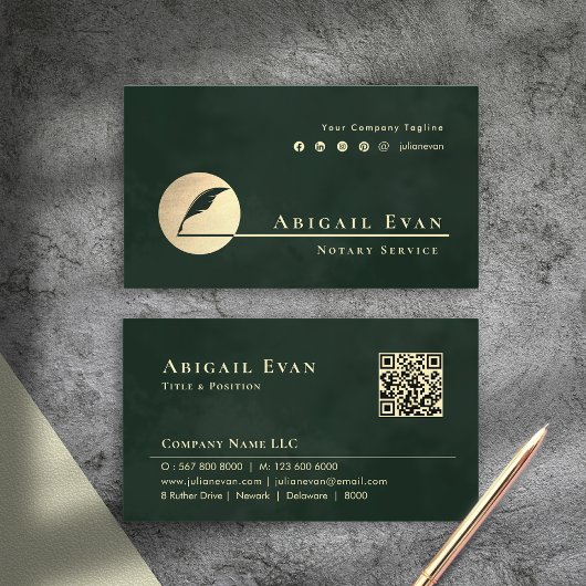 Emerald Green Gold Feather Logo Notary Service Visitenkarte