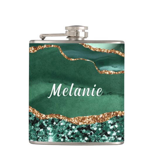 Emerald Green Gold Flask mit Individuelle Name Flachmann (Vorderseite)