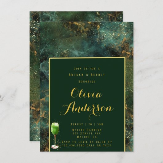 Emerald Green & Gold Fleck Brunch & Bubbly Einladung (Vorne/Hinten)