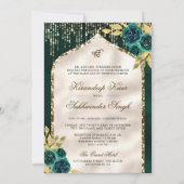 Emerald Green Gold Floral Anand Karaj Sikh Wedding Einladung (Rückseite)
