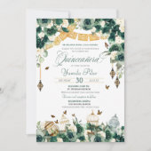 Emerald Green Gold Floral Butterfets Quinceanera Einladung (Vorderseite)