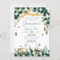 Emerald Green Gold Floral Butterfets Quinceanera