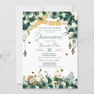 Emerald Green Gold Floral Butterfets Quinceanera  Einladung