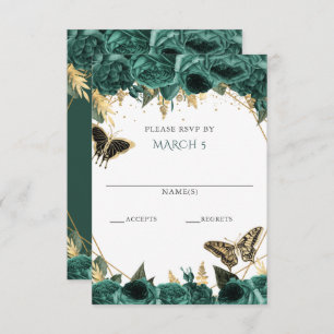 Emerald Green Gold Floral Butterfets Quinceanera RSVP Karte
