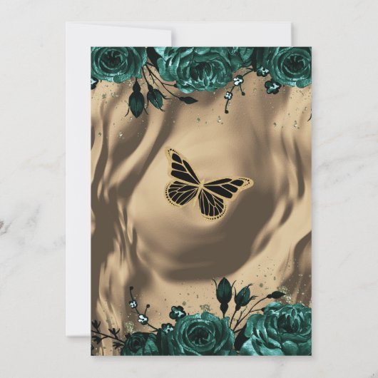 Emerald Green Gold Floral Butterfly Quinceañera Einladung (Rückseite)