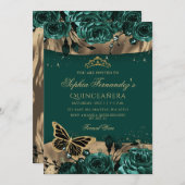 Emerald Green Gold Floral Butterfly Quinceañera Einladung (Vorne/Hinten)