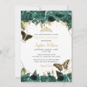 Emerald Green Gold Floral Butterfly Quinceañera Einladung (Vorderseite)