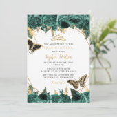 Emerald Green Gold Floral Butterfly Quinceañera Einladung (Stehend Vorderseite)