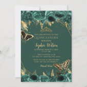 Emerald Green Gold Floral Butterfly Quinceañera Einladung (Vorderseite)