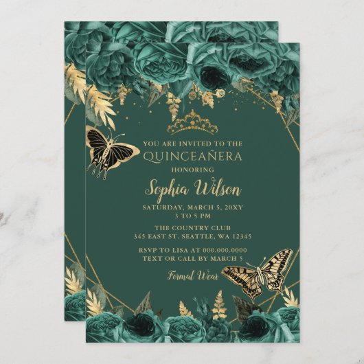 Emerald Green Gold Floral Butterfly Quinceañera Einladung (Vorne/Hinten)