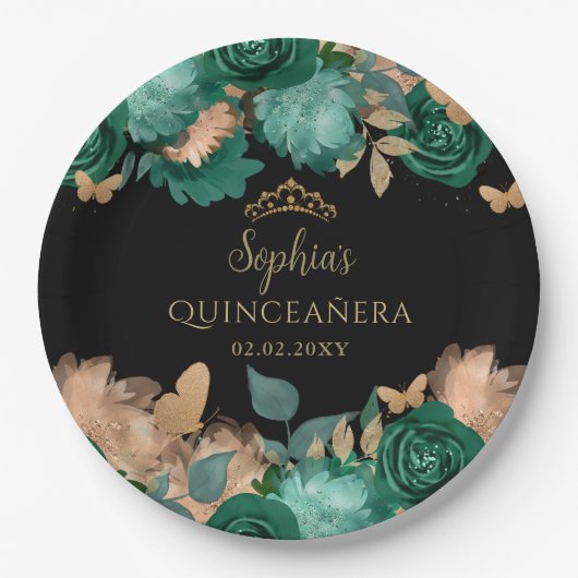 Emerald Green Gold Floral Butterfly Quinceañera Pappteller (Vorderseite)