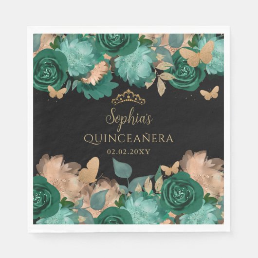 Emerald Green Gold Floral Butterfly Quinceañera Serviette (Vorderseite)