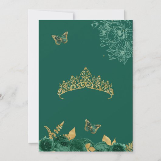 Emerald Green & Gold Floral Butterfly Quinceñera Einladung (Rückseite)